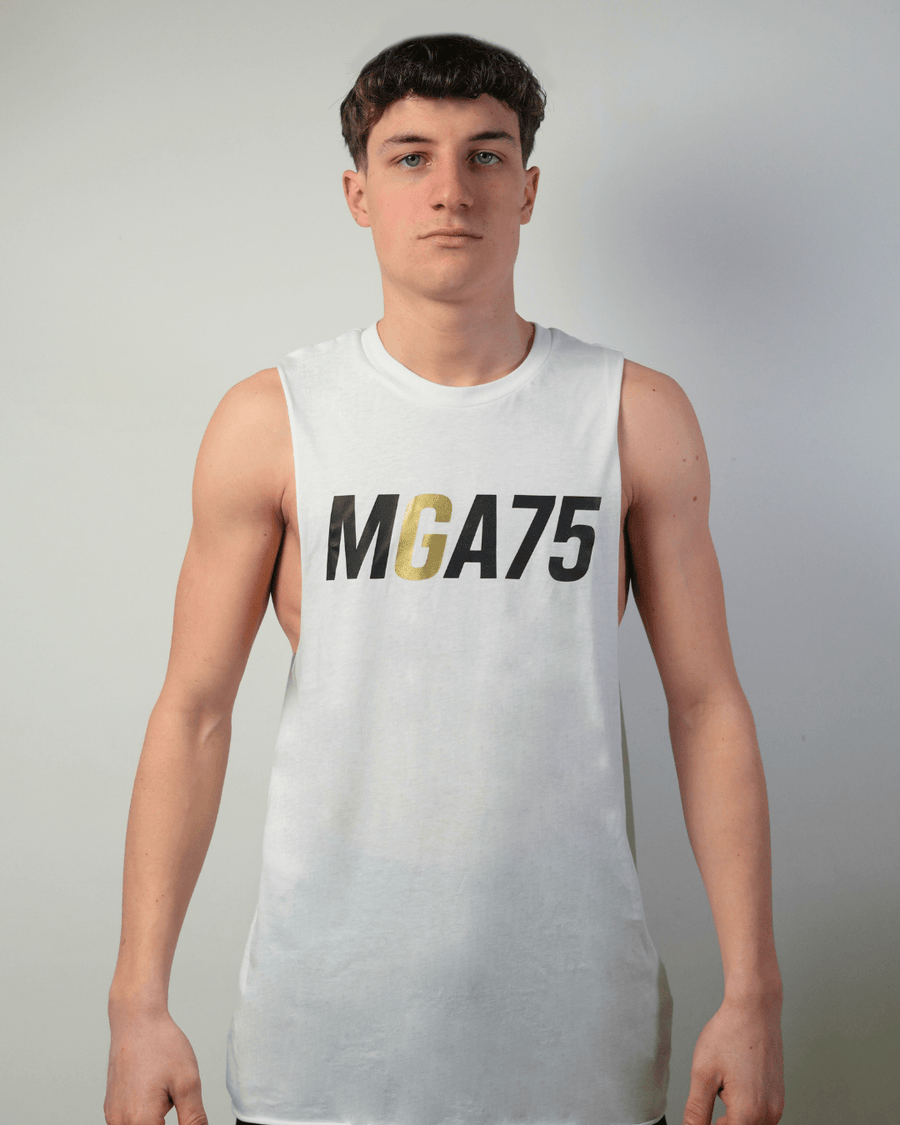 smanicato in cotone bianco con logo frontale
